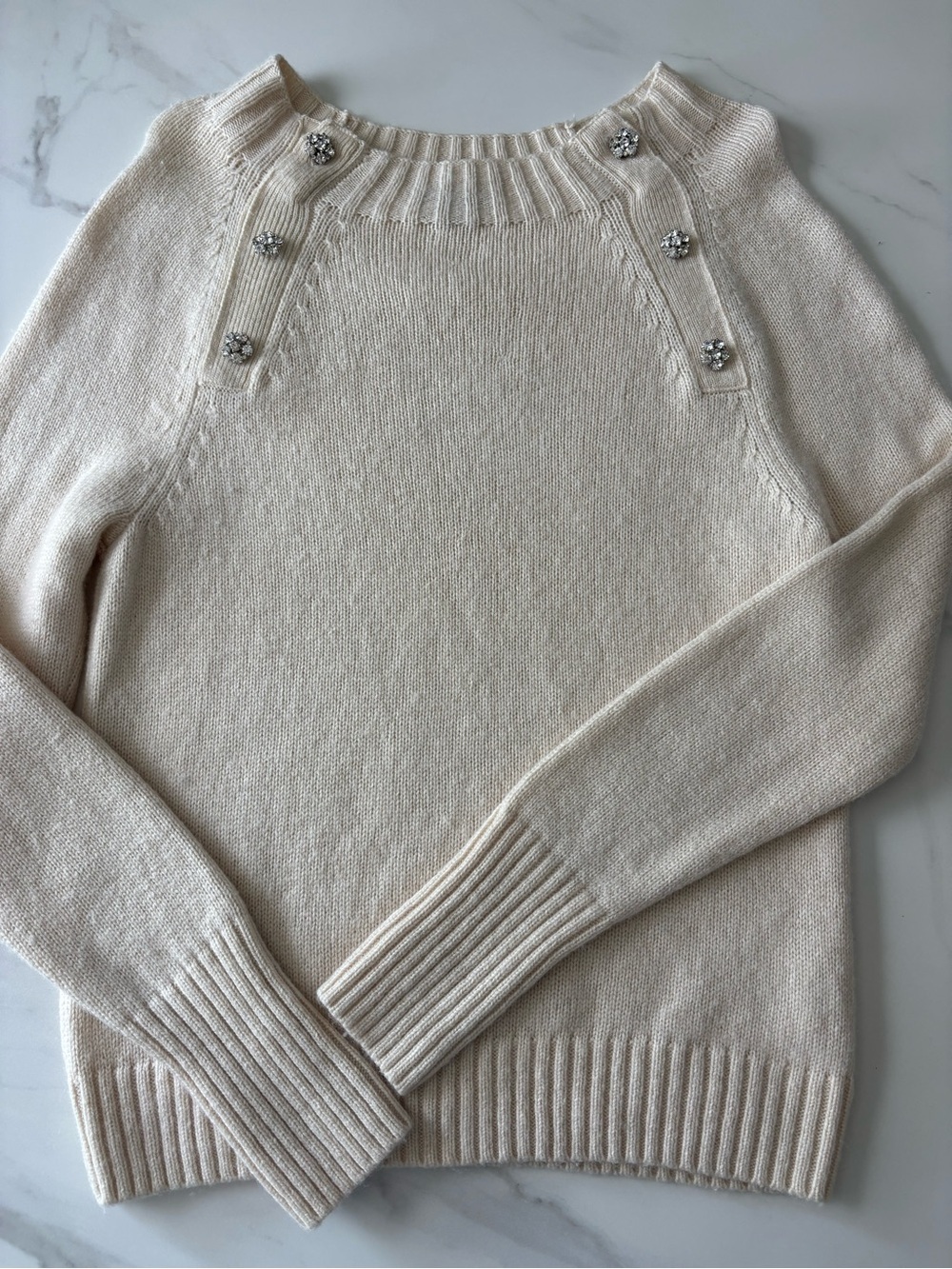 J. Crew Cream Crewneck Sweater with Rhinestone Buttons Sz S Wool blend